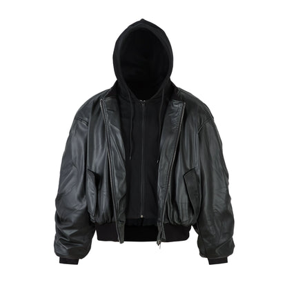 【Oneblue Shop】フェイクレザーフーデッドブルゾン / Faux Leather Hooded Blouson LS2601081