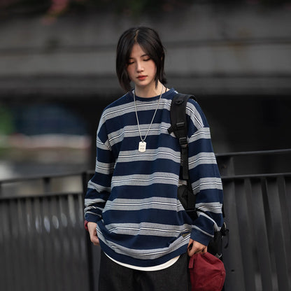 [Oneblue Shop] Striped Sweatshirt Loose Fit Unisex Spring Autumn ls 091701