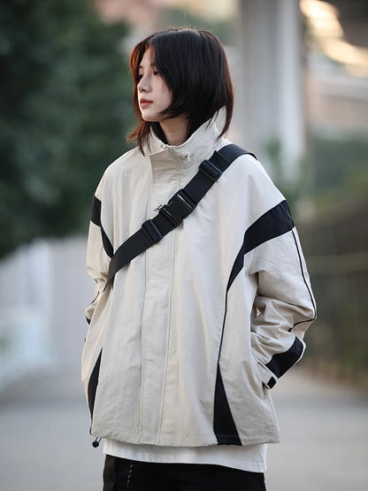 [Oneblue Shop] Hooded Outerwear Spring Autumn Stand Collar Long Sleeve Windbreaker LS24003