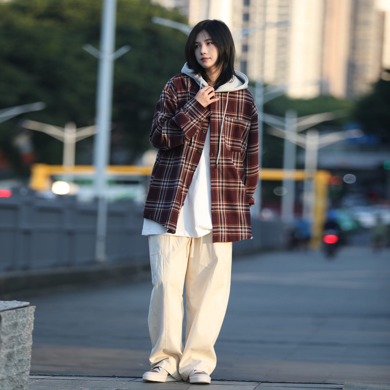 Oneblue Shop]チェック柄 パーカー フード付きパーカー 男女兼用