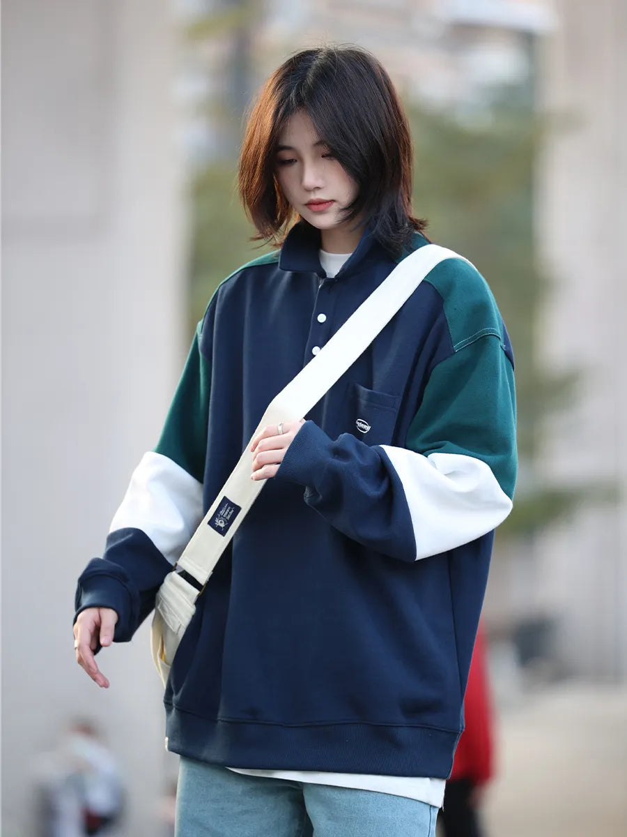 [Oneblue Shop] 2023 Color Matching Polo Shirt Long Sleeve Spring Loose Shirt LS24004