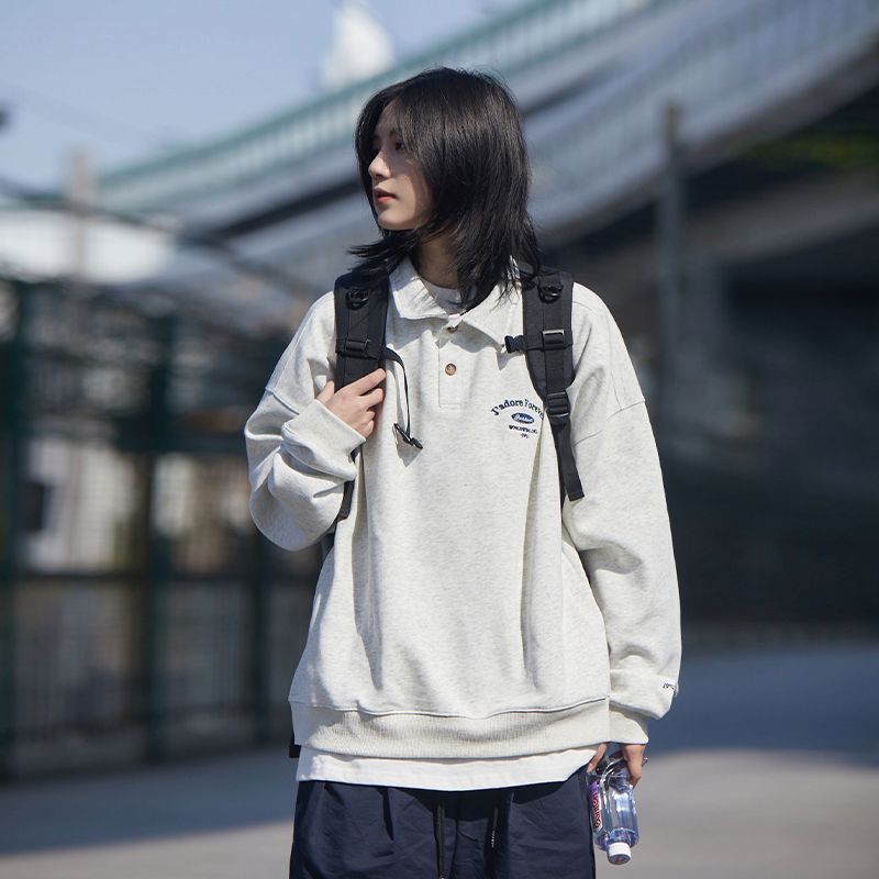 [Oneblue Shop] Polo Shirt Japanese Style Contrast Color Collar Loose Long Sleeve T-shirt Unisex ls102101 Men's Women's Top